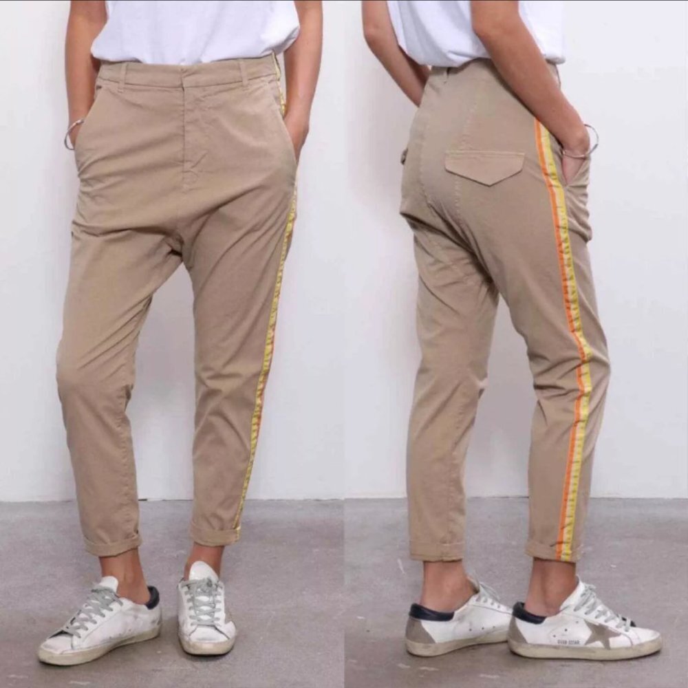 Nili Lotan Paris Drop Crotch Pants Beige Side Stripe Size 2